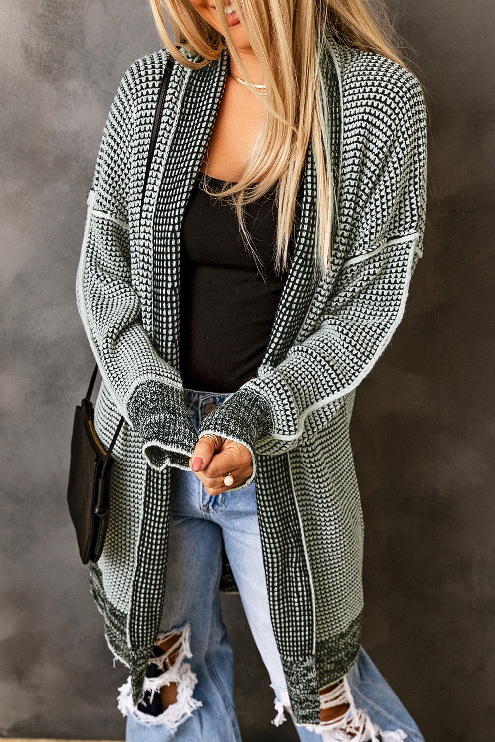 Plaid Knitted Long Open Front Cardigan