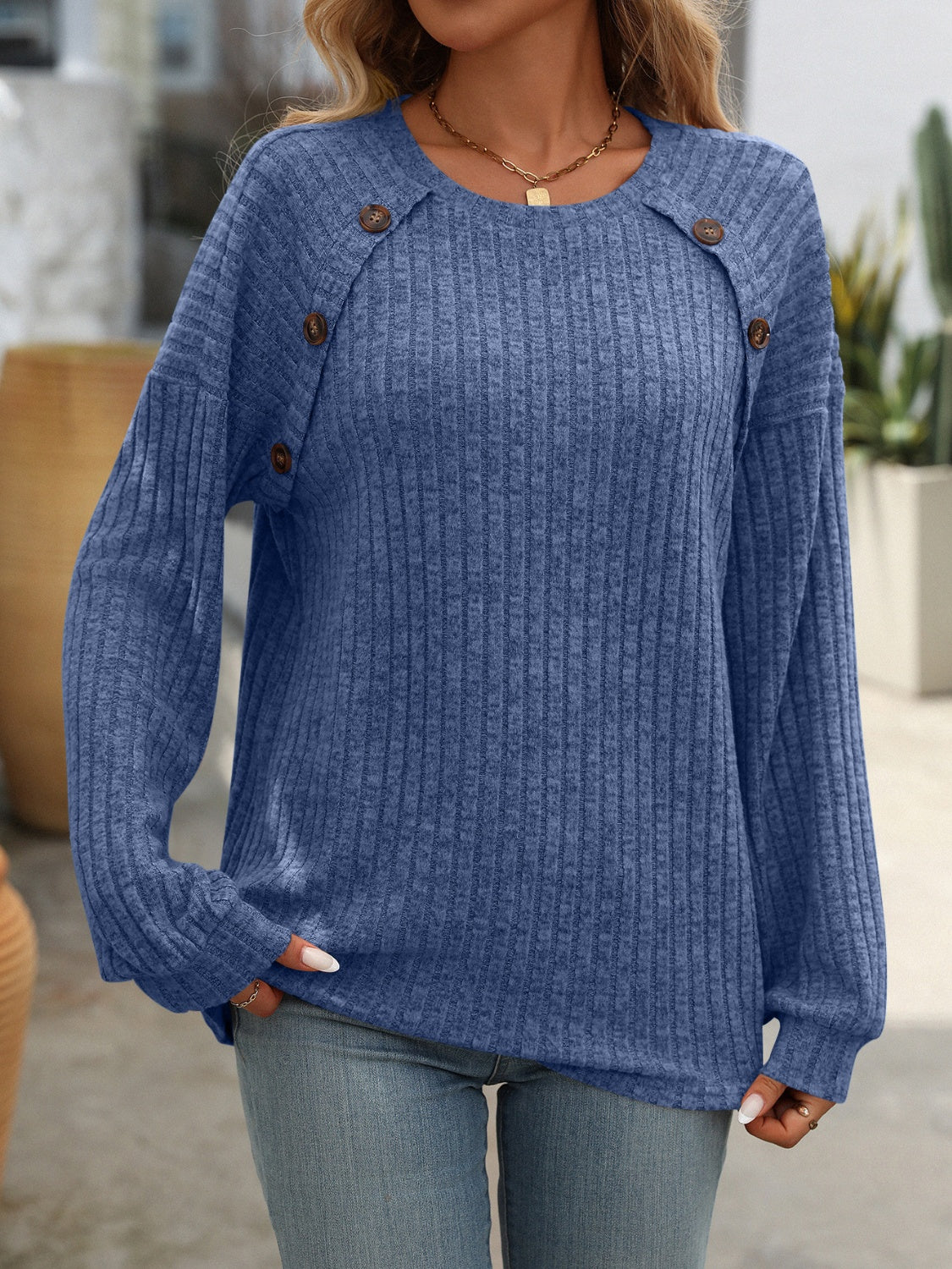 Decor Button Long Sleeve Ribbed T-Shirt