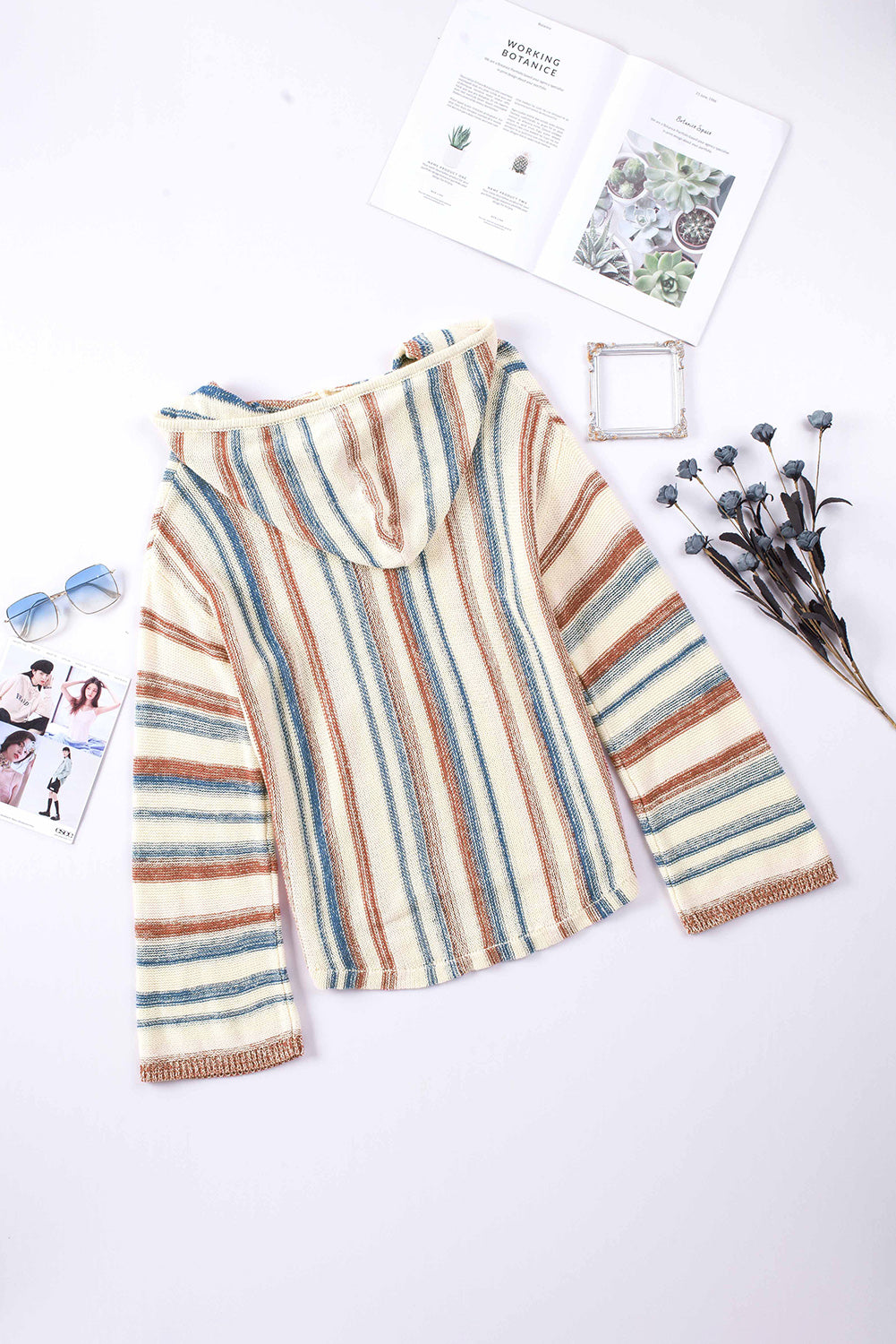 Contrast Striped Dropped Shoulder Hooded Knit Top