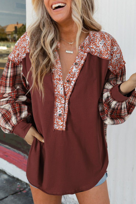 Fiery Red Floral Plaid Mixed Print Bishop Sleeve Patchwork Top