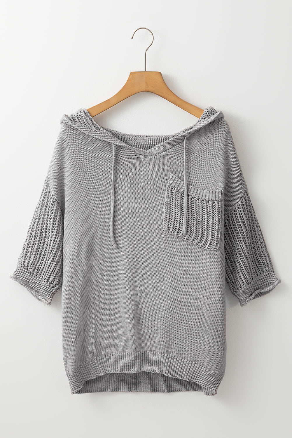 Openwork Drawstring Hooded Short Sleeve Sweater Top