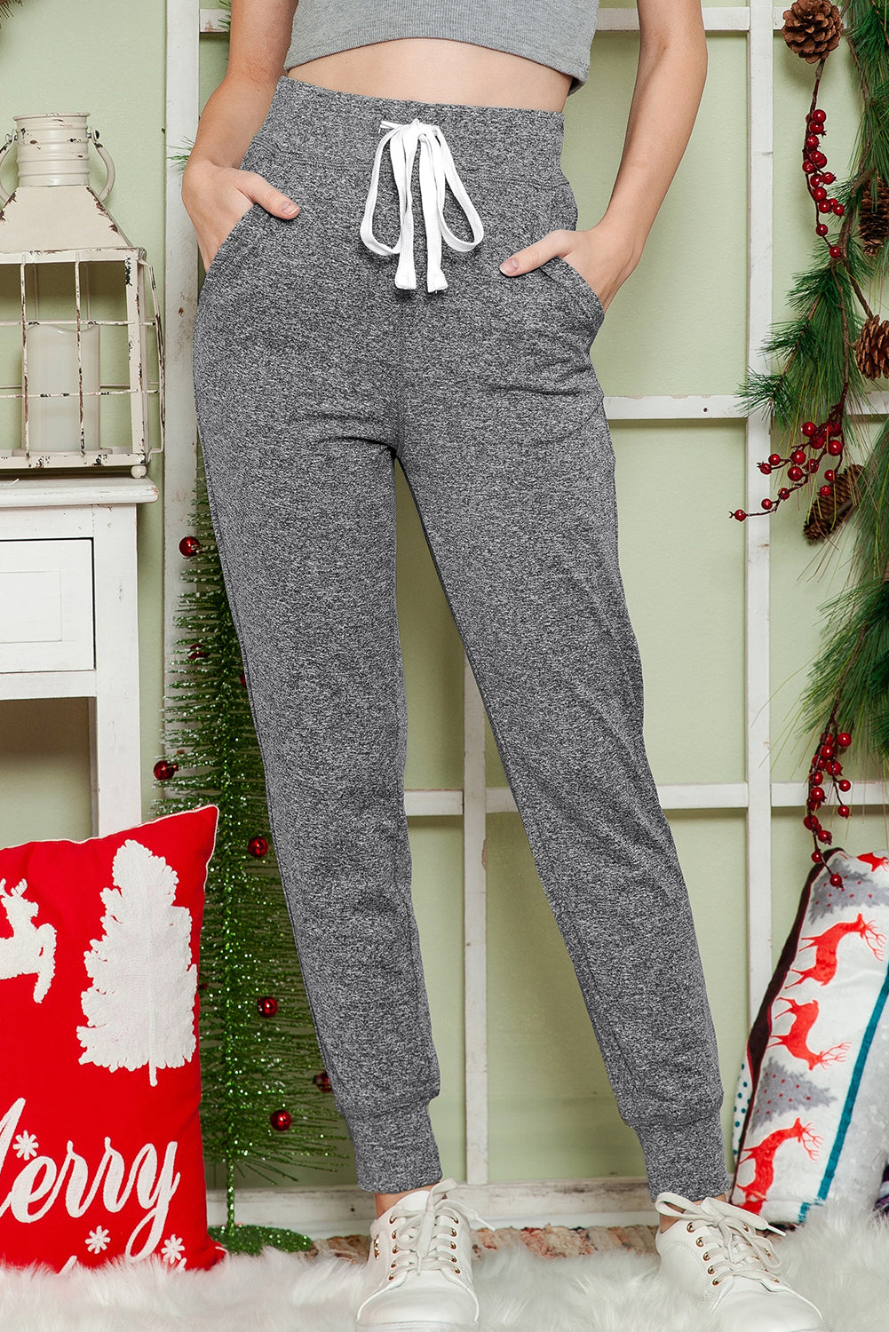 Gray Drawstring Waist Pocketed Joggers