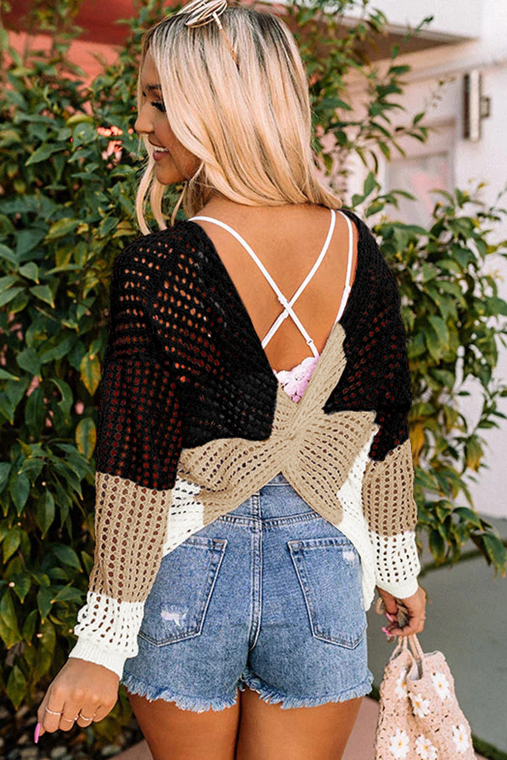 Block Eyelet Long Sleeve Twisted Back Knit Top