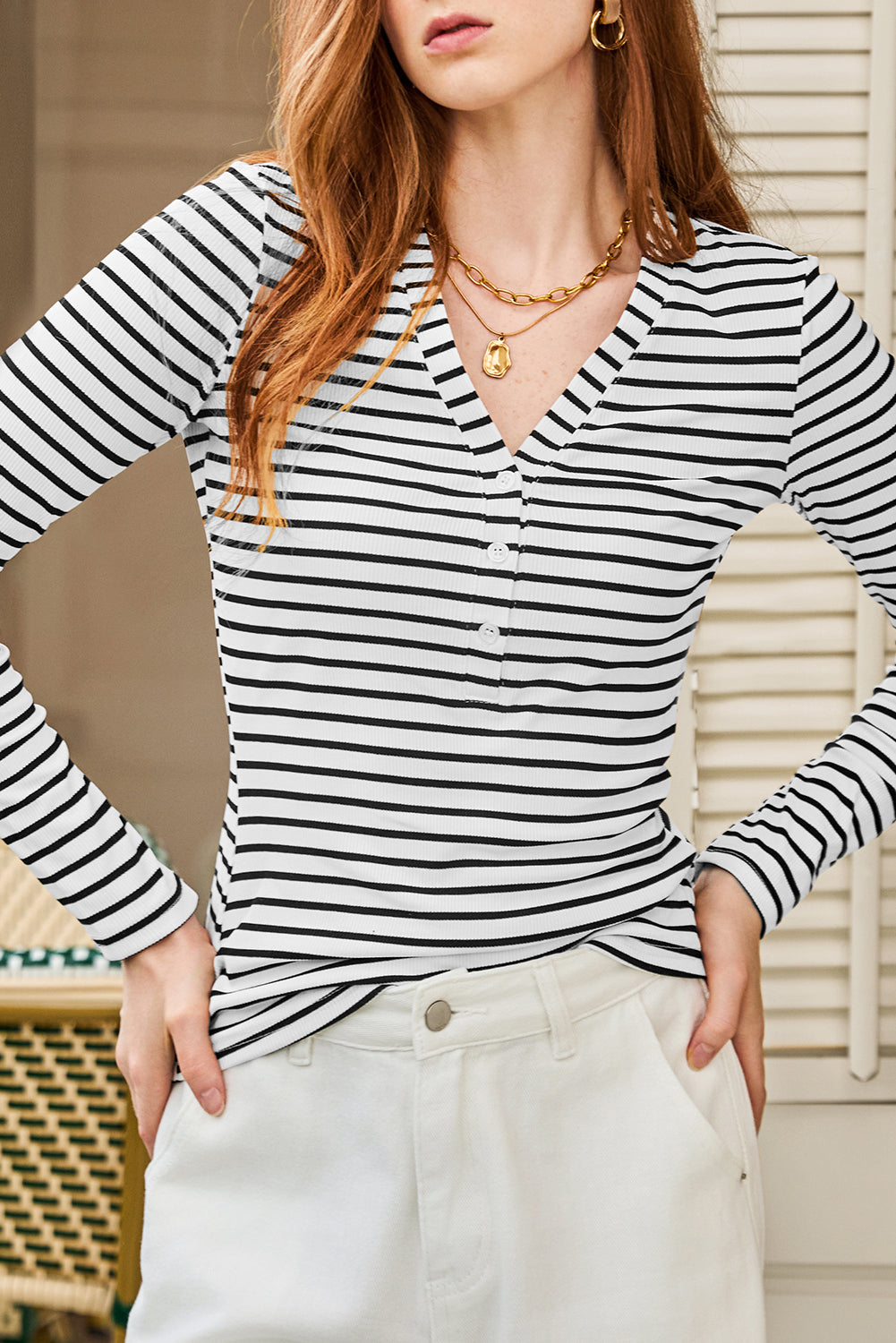 Stripe Slim Fit Buttoned V Neck Long Sleeve T Shirt