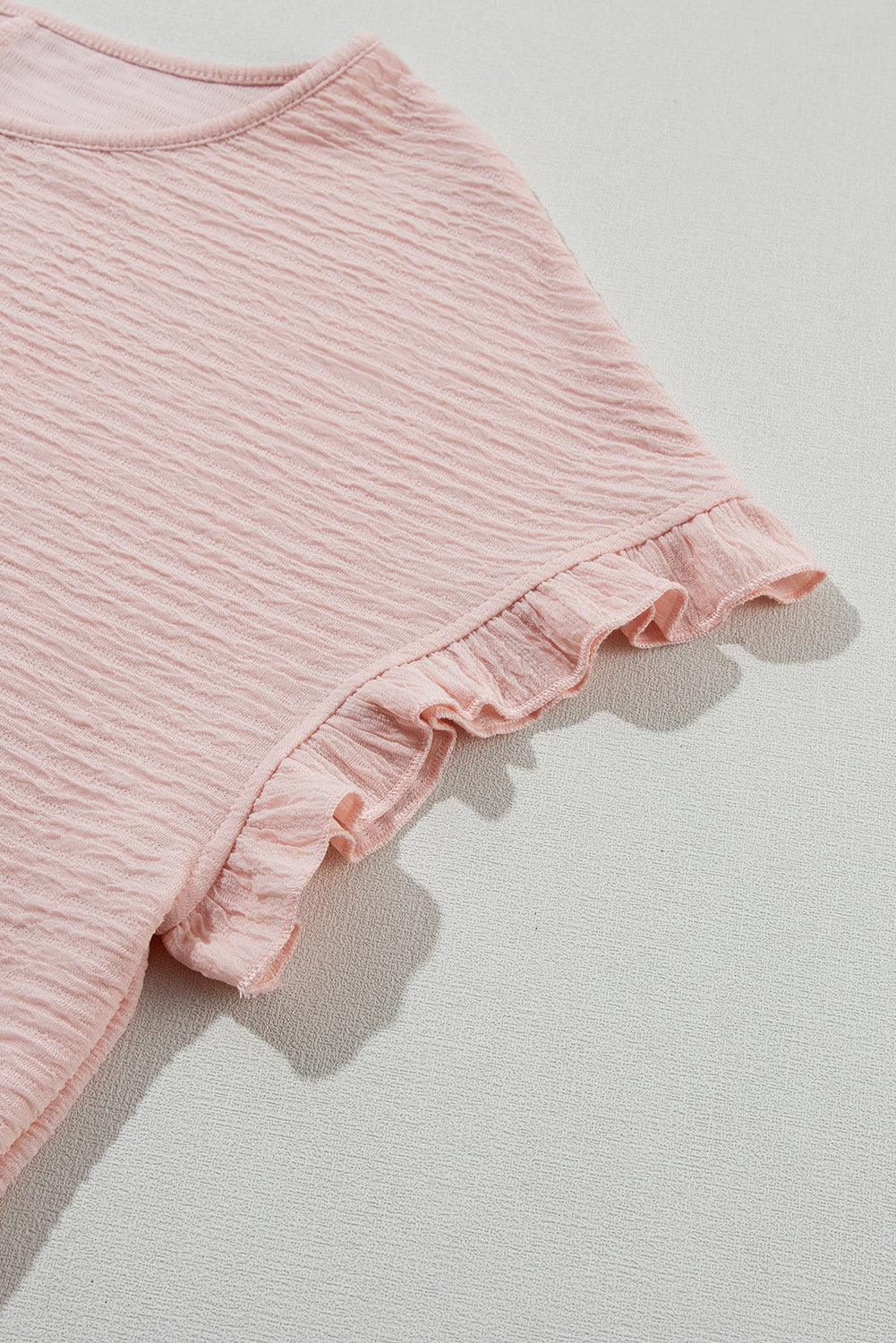 Light Pink Solid Textured Ruffled Short Sleeve Blouse - SMG Designs & Apparel LLC