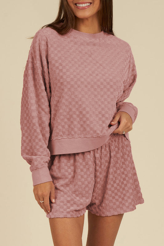 Blossom Checkered Textured Long Sleeve Top and Shorts Set