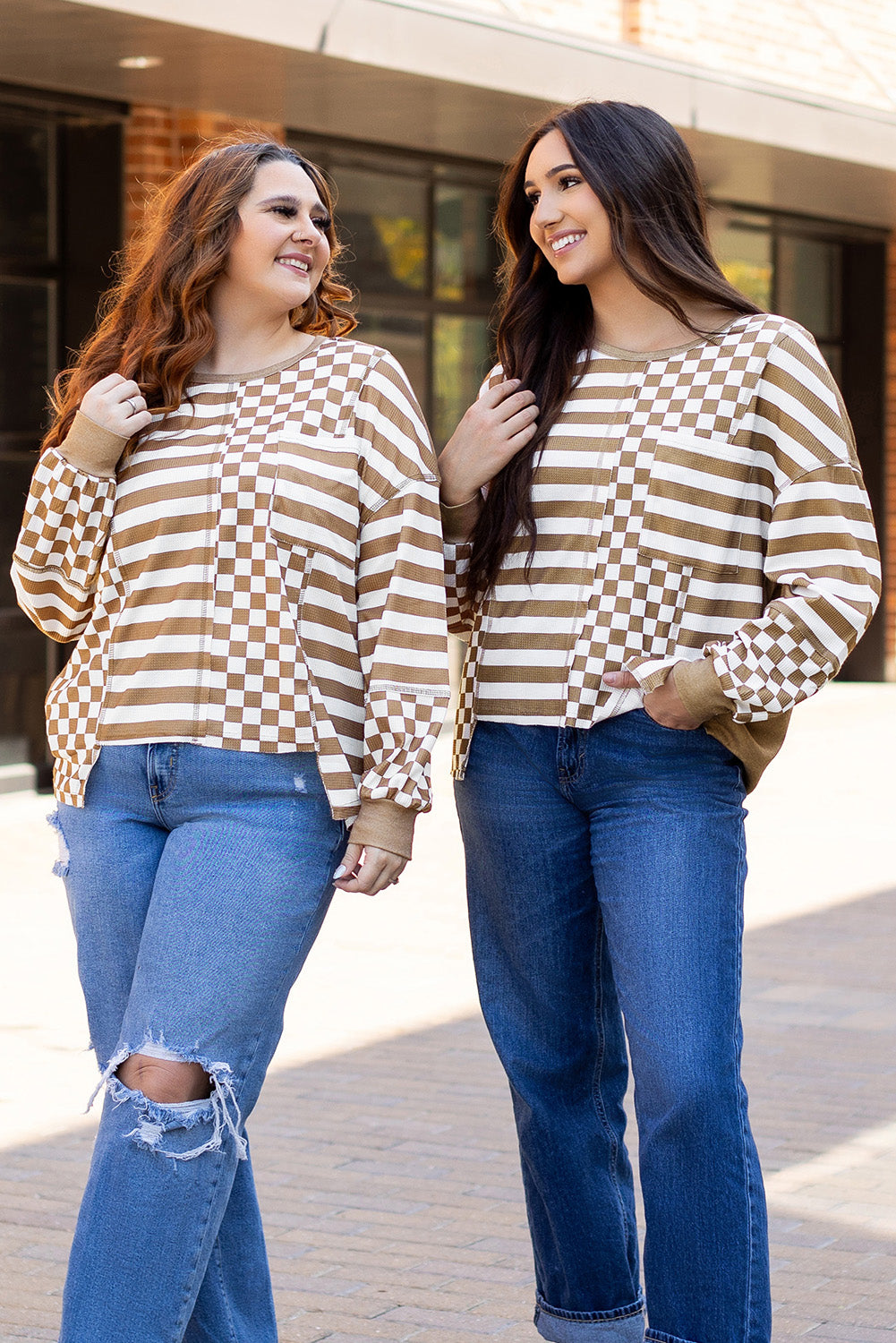 Checkerboard Striped Patchwork Lantern Sleeve Pocketed Blouse