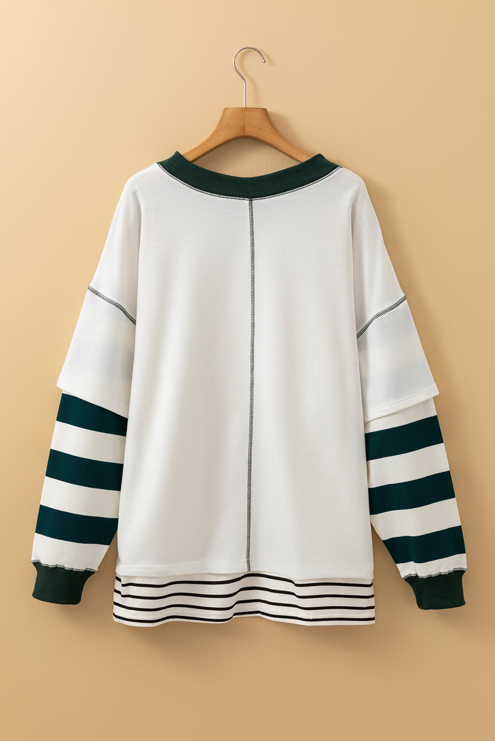 White Stripe Colorblock Sleeve Exposed Seam Fake-2-Piece Sweatshirt