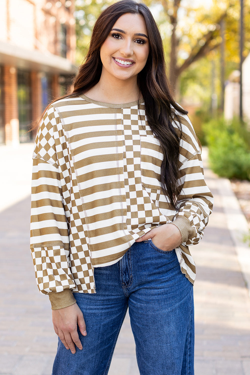 Checkerboard Striped Patchwork Lantern Sleeve Pocketed Blouse