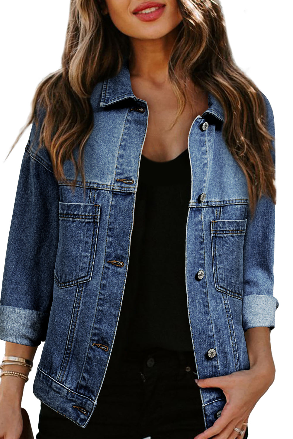 Dark Blue Washed Oversize Pocketed Denim Jacket - SMG Designs & Apparel LLC