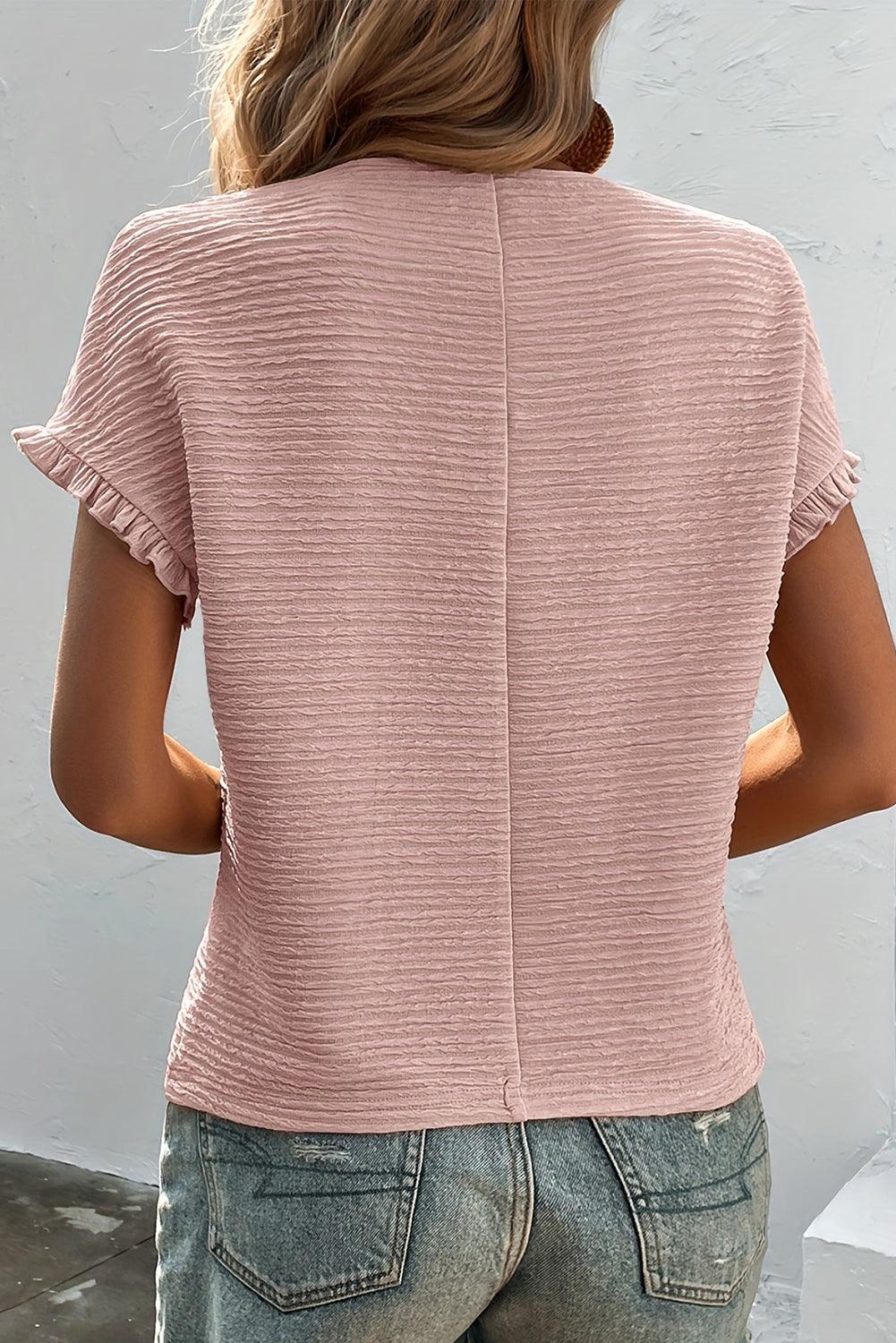 Light Pink Solid Textured Ruffled Short Sleeve Blouse - SMG Designs & Apparel LLC