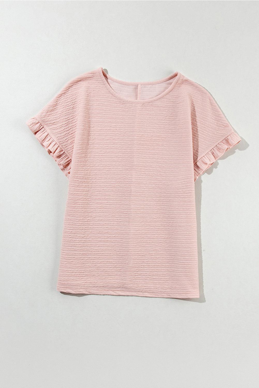 Light Pink Solid Textured Ruffled Short Sleeve Blouse - SMG Designs & Apparel LLC