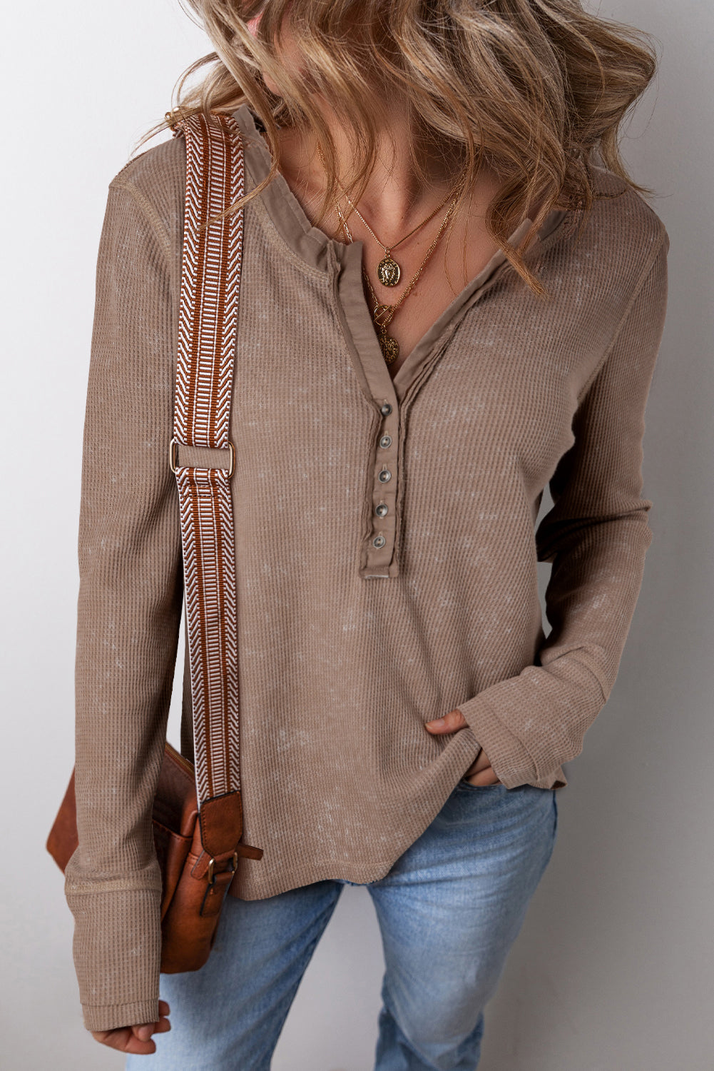 Coffee Acid Wash Waffle Knit Long Sleeve Top