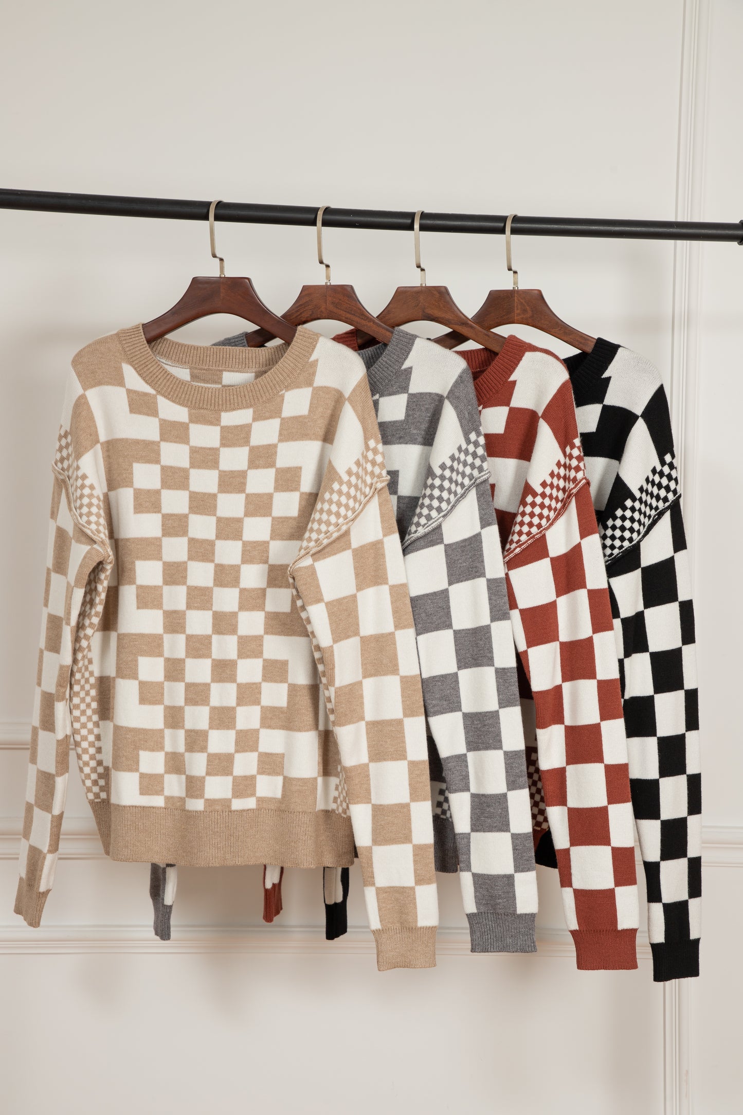 Checkered Print Drop Shoulder Round Neck Sweater