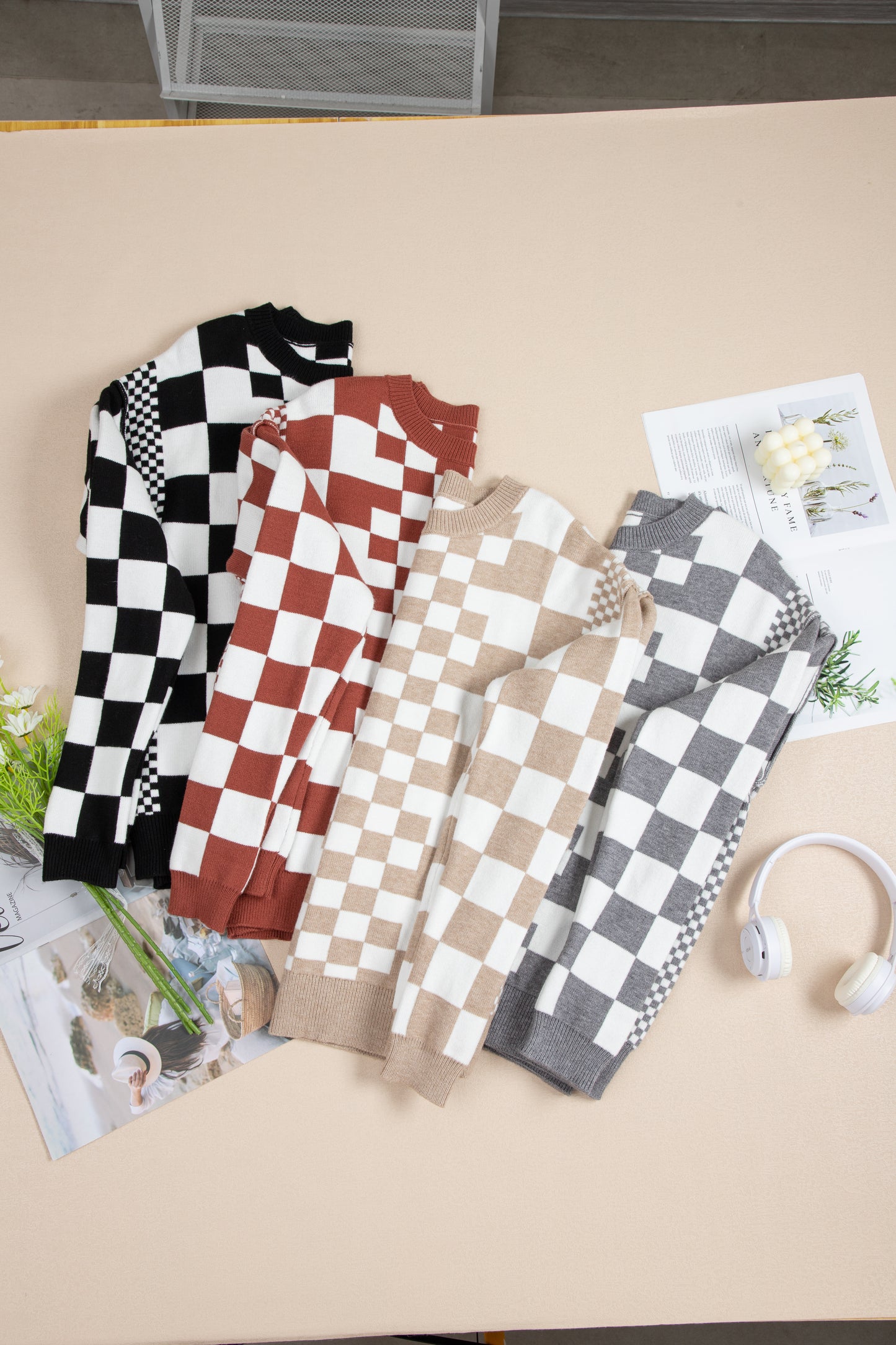 Checkered Print Drop Shoulder Round Neck Sweater