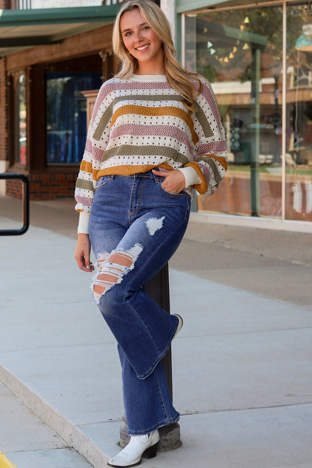 Multicolor Striped Hollowed Knitted Loose Sweater