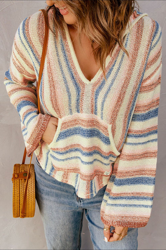 Contrast Striped Dropped Shoulder Hooded Knit Top