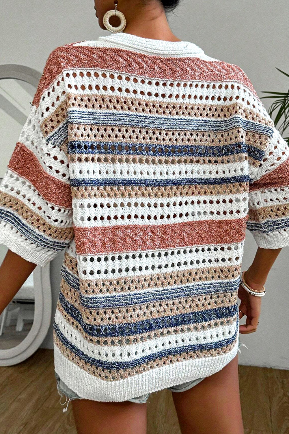 Striped Half Sleeve Knitted Sweater