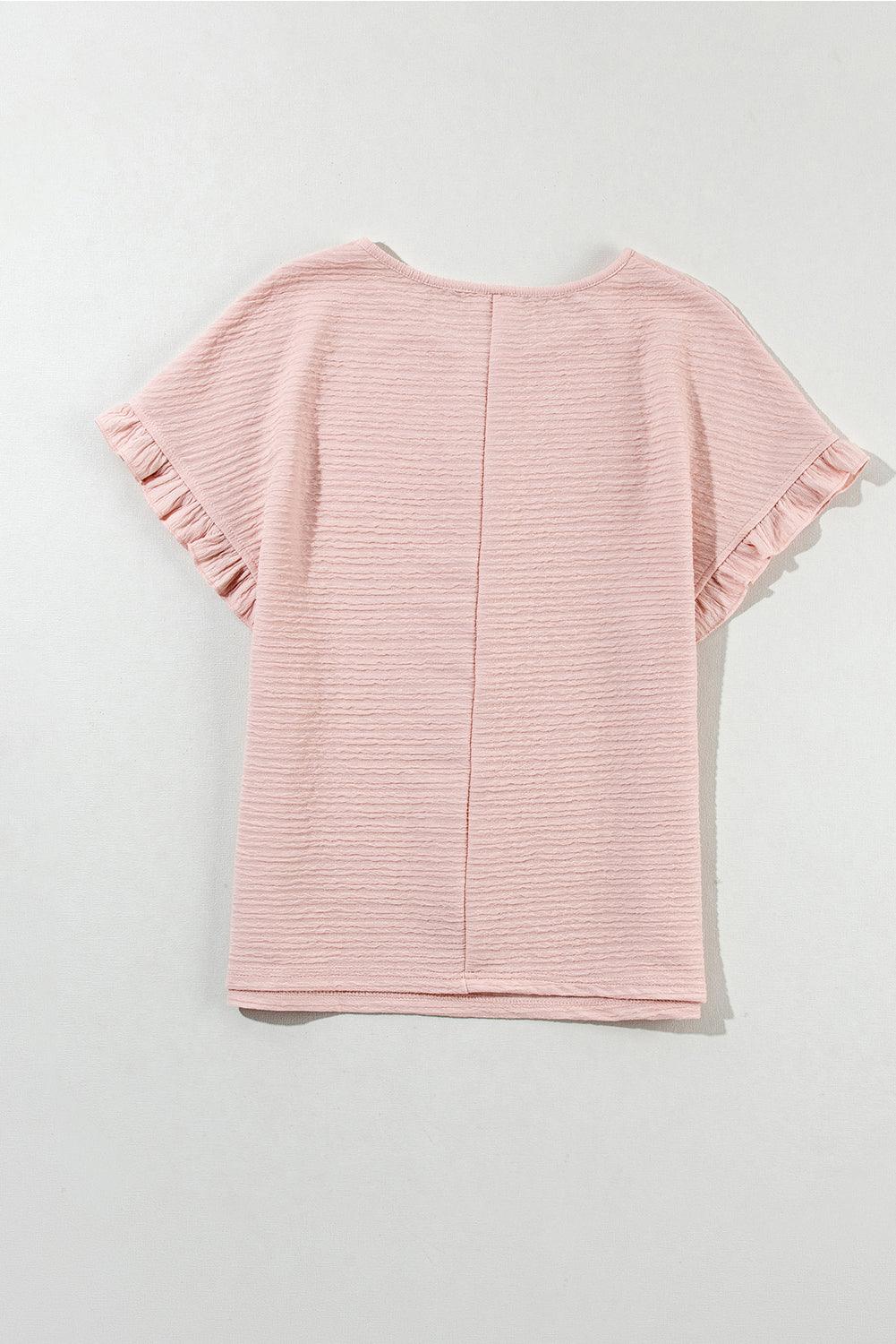 Light Pink Solid Textured Ruffled Short Sleeve Blouse - SMG Designs & Apparel LLC