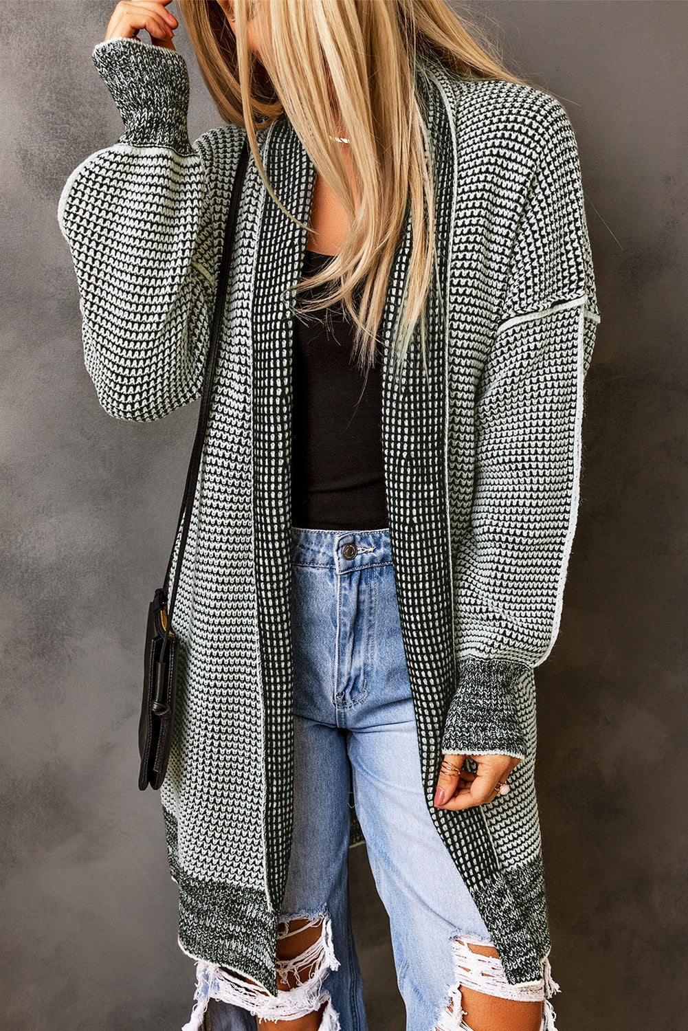 Plaid Knitted Long Open Front Cardigan