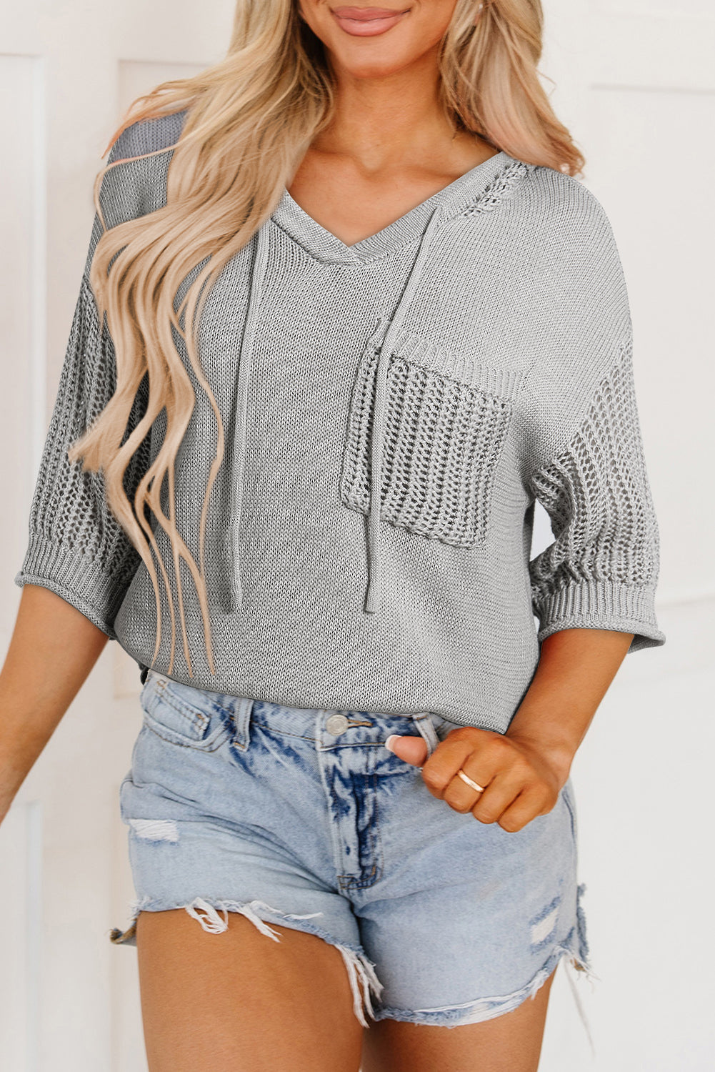 Openwork Drawstring Hooded Short Sleeve Sweater Top