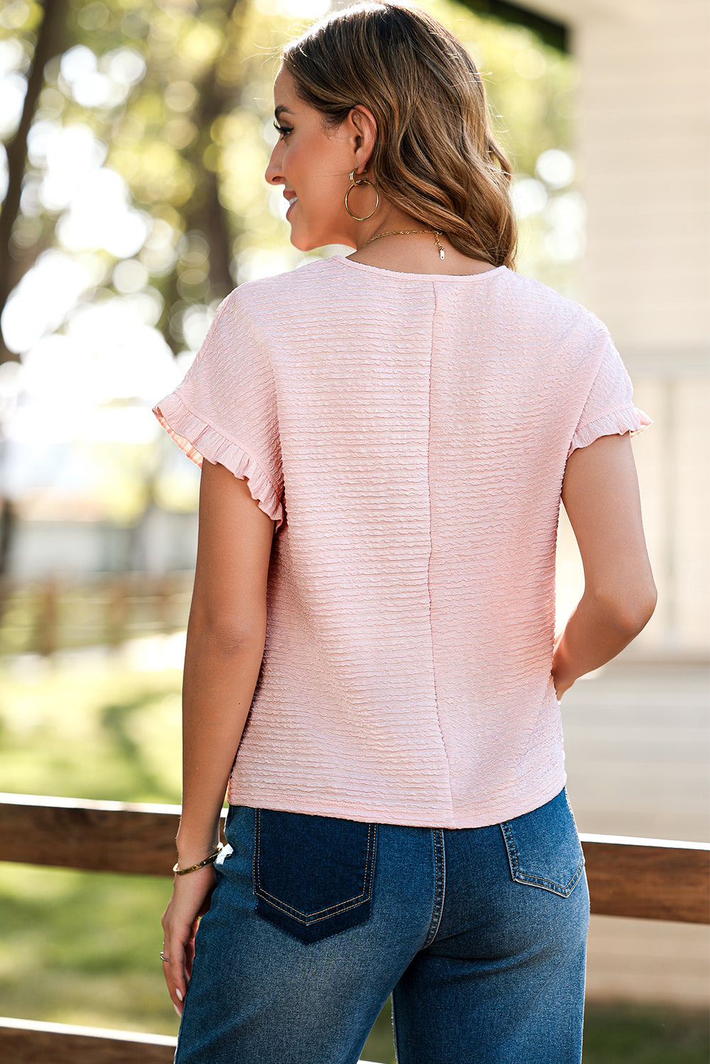 Light Pink Solid Textured Ruffled Short Sleeve Blouse