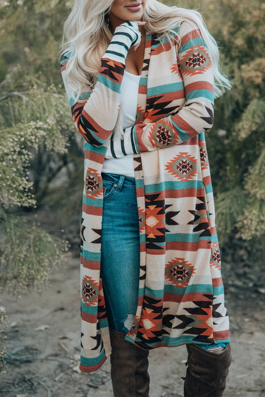 Geometric Color Block Open Front Long Cardigan